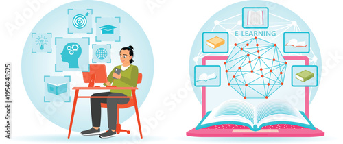 A woman sitting at a desk with a laptop and a cell phone in her hand