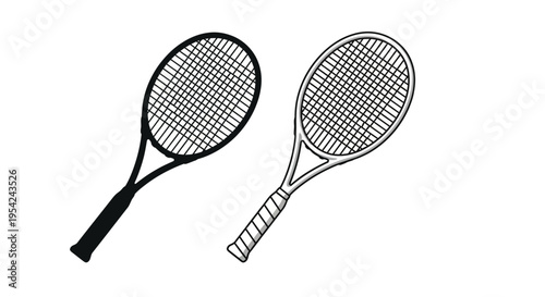 Two tennis rackets depicted in a black and white sketch illustration