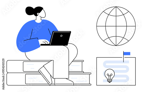 Remote learning concept. Woman studying with laptop on books remote education. Remote learning highlights global connectivity, digital skills, and lifelong learning. For online courses, e-learning