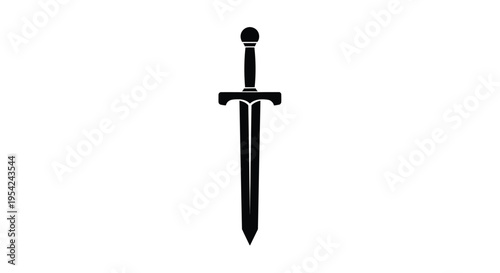 A simple black silhouette of a classic medieval sword on white