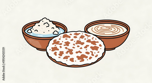 A vector graphic illustration of traditional Indian food items, including a flatbread and two bowls of yogurt and sauce.