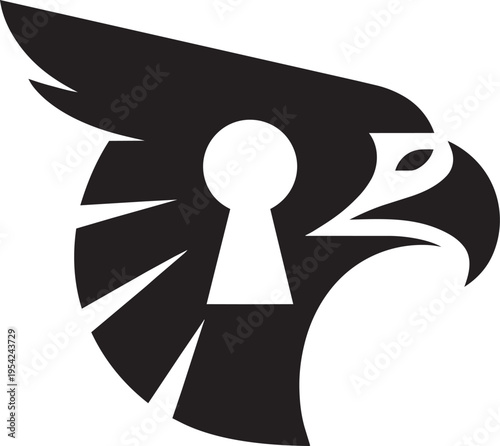 Eagle head silhouette with keyhole cutout representing vision security and freedom in symbolic abstract art