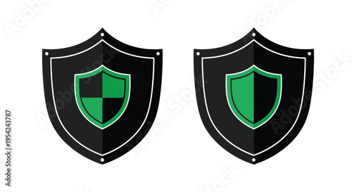 Two black shields with a green and black inner shield design