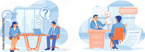 Office scene with two job interview situations