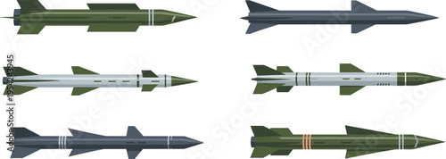 Flat design military missile set, modern rocket weapons collection with guided missiles, defense technology, war arsenal, vector illustration isolated
