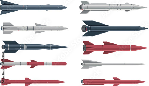 Flat design modern missile collection, detailed military rocket set with guided weapons, defense technology illustration, tactical warfare equipment vector isolated