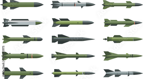 Military missile and rocket collection illustration, modern defense weapon systems, ballistic and cruise rockets vector set isolated background