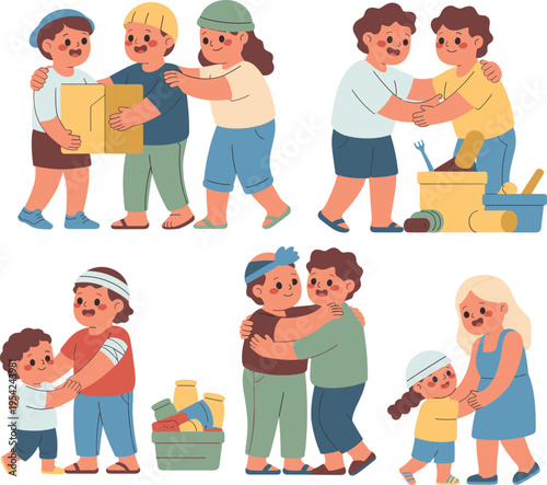 Community support and kindness illustration, people helping each other, charity donation scenes, friendship care concept, volunteer teamwork cartoon vector set