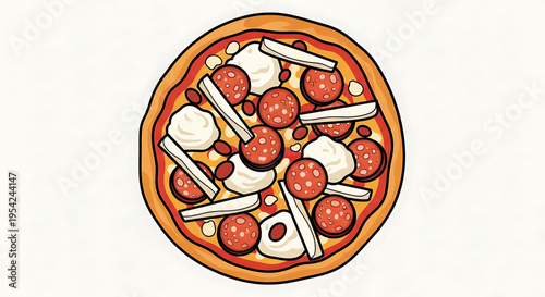 A delicious cartoon pizza with pepperoni and cheese slices on a white background