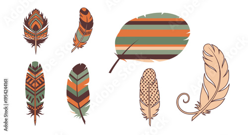 Colorful decorative feathers in various shapes.