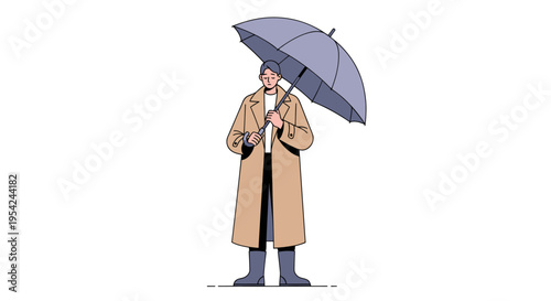 Man in tan coat holding umbrella.