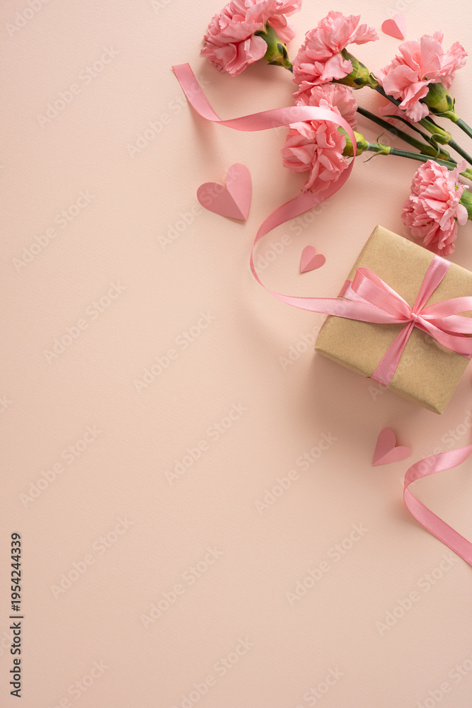 Fototapeta premium Happy Mother's Day vertical flat lay featuring a pink carnation, ribbon-tied gift box and paper heart on a soft pastel background evoking love, gratitude and delicate feminine celebration