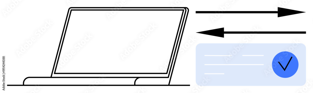 Obraz premium Data sharing, online security, digital signatures, identity authentication, technology communication, remote access. Laptop connected to a document with a checkmark. Data sharing and online security