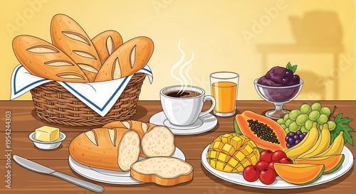 A vibrant breakfast spread featuring a basket of fresh bread, steaming coffee, and a colorful assortment of fruits on a wooden table.