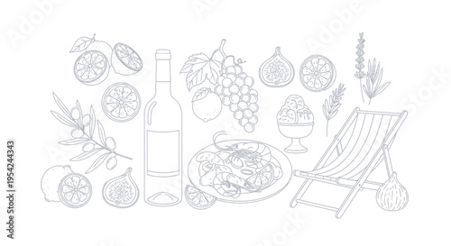 Variety of fruit and wine bottle.