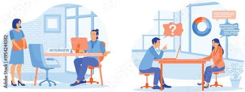 Two different scenarios of job interviews taking place in modern office settings