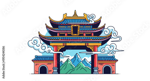 Chinese Pagoda Gate Architecture Design.