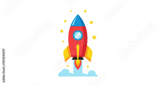 Colorful cartoon rocket ship blasting off.