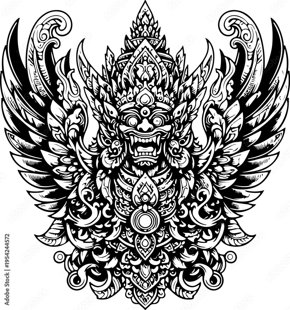 Fototapeta premium Majestic Golden Garuda Emblem in Intricate Engraving Style, Featuring Spreading Wings, Fierce Expression, and Ornate Balinese Thai Decorative Motifs