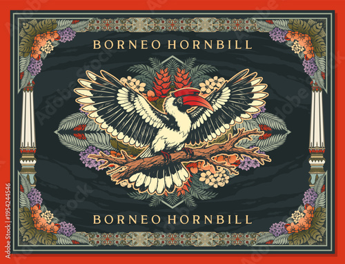 Quadro su tela Vintage Tropical Hornbill Bird Frame Template with Jungle Floral Ornamental Desi
