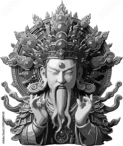 Luxury Vector Emblem of a Powerful Asian Warrior God (like Guan Yu or Jade Emperor), Emphasizing Regal Power and Divine Authority