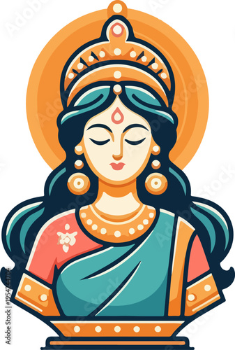 Modern Aesthetic Icon of an Asian Goddess with Long Dark Hair and Traditional Jewelry, Perfect for Contemporary Ethnic Decor and T-Shirt Prints.
