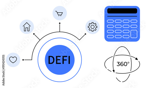 Decentralized finance, blockchain, digital transactions, automation, cryptocurrency trends, financial innovation. Central DEFI text with icons for automation, home, shopping cart and gear