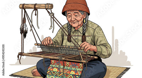 An elderly woman weaving a colorful textile on a traditional loom in a serene setting.