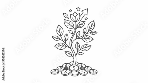 Conceptual illustration of financial growth, investment, and business success depicted as a money tree flourishing from coins with an upward arrow