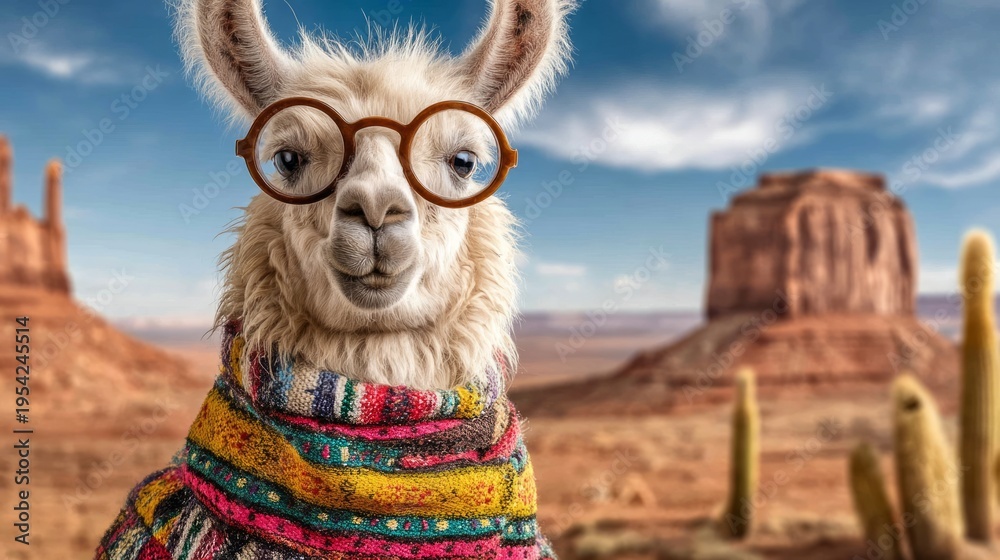 Naklejka premium Stylish Llama in Colorful Poncho with Round Glasses in Desert Landscape