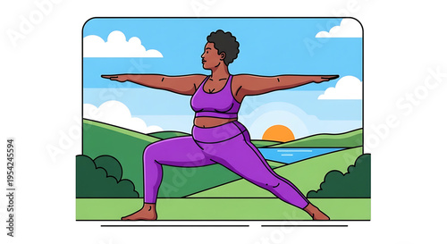 A woman in a purple yoga outfit practicing a warrior pose in a serene natural setting with a sunset in the background.