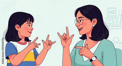 A woman and a young girl communicating with each other using sign language in a colorful illustration.