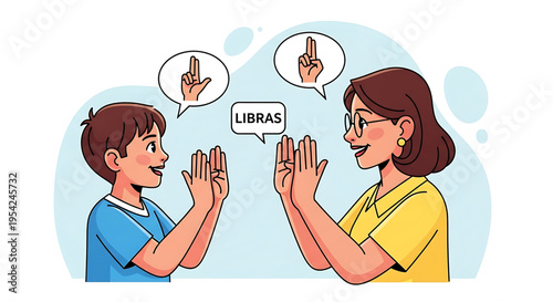 A cartoon illustration of a boy and a woman communicating with each other using hand gestures and sign language.