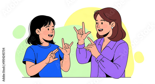 A woman and a girl communicating using sign language in a colorful illustration