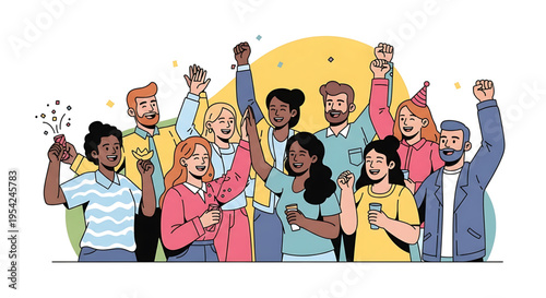 A diverse group of people celebrating and cheering in a vibrant, modern illustration
