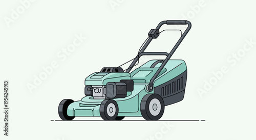 Green lawn mower with black handle.