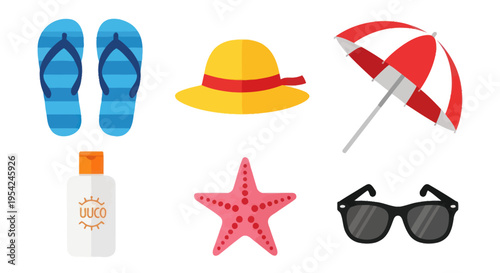 Beach accessories on white background.