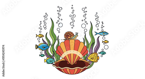 Colorful illustration of sea creatures.