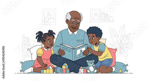 A heartwarming illustration of a grandfather reading to his two grandchildren in a cozy living room setting.