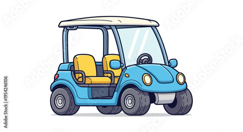 Blue golf cart with yellow seats.