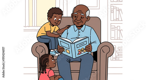 A heartwarming illustration of a grandfather reading a book to his two grandchildren in a cozy living room setting.
