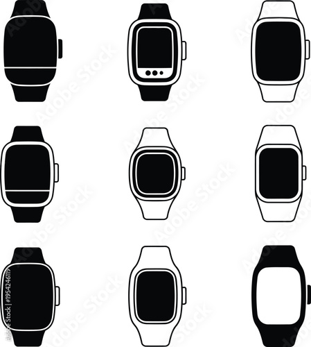 Set of modern smartwatch icons and digital wrist watch silhouettes for fitness tracking and wearable technology concepts on a white background.