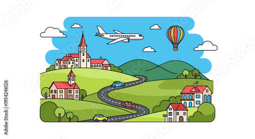 Colorful cartoon airplane in flight.