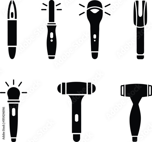 Black silhouette icons of medical neurological hammers and reflex testing tools for clinical physical examination isolated on a white background.