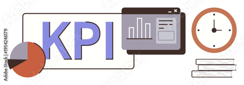 Business growth, productivity tracking, data analytics, performance monitoring, reporting tools, time management. KPI text, chart clock and books visual. Business growth and productivity tracking