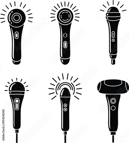 Set of ultrasonic beauty device icons featuring handheld skin care tools for facial massage and professional aesthetic treatments on a white background.