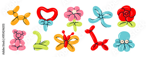 Balloon twisting set. Colorful inflatable balloons twisted into shapes of animals, flowers and hearts. Birthday party entertainment. Hand drawn vector illustration collection isolated on background