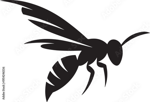 Minimalist Black Wasp Silhouette Icon - Flying Insect Vector Graphic