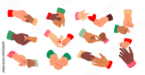 Set of family hands. Stickers with mothers and fathers hands reaching out to their children hands. Love and support of parents. Flat vector illustration collection isolated on background