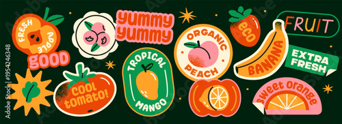 Groovy fruit labels set. Funky stickers with apple, peach, banana, avocado, and mango. Trendy doodle patches and stamps for packaging. Flat vector illustration collection isolated on background